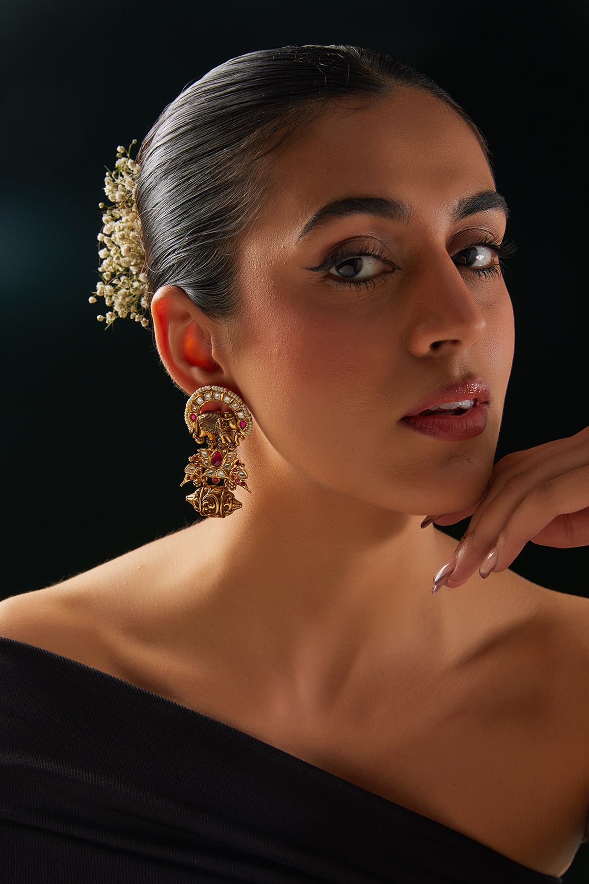 Gold Finish Kundan Polki & Multi-Colored Stone Temple Dangler Earrings