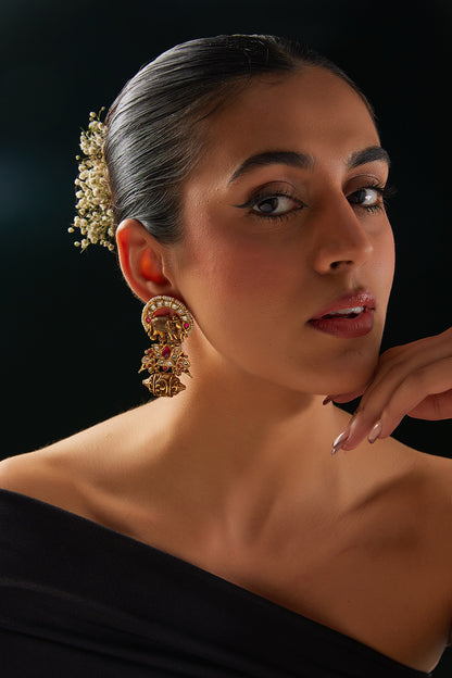 Gold Finish Kundan Polki & Multi-Colored Stone Temple Dangler Earrings