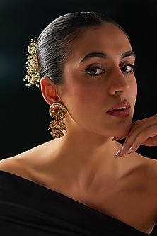 Gold Finish Kundan Polki & Multi-Colored Stone Temple Dangler Earrings