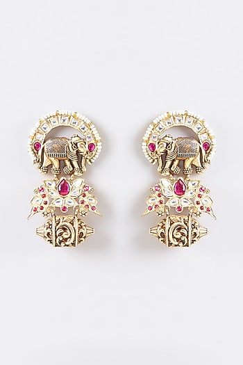 Gold Finish Kundan Polki & Multi-Colored Stone Temple Dangler Earrings