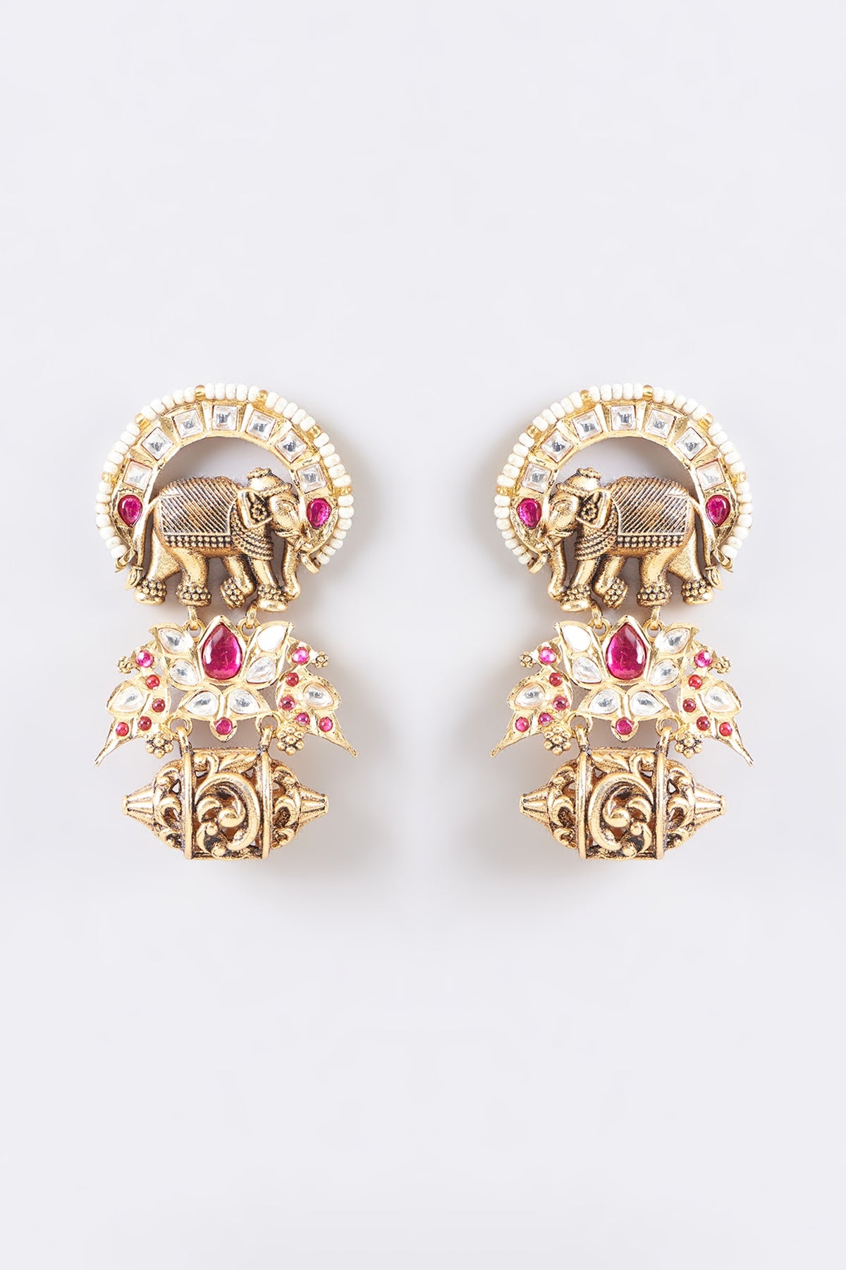 Gold Finish Kundan Polki & Multi-Colored Stone Temple Dangler Earrings