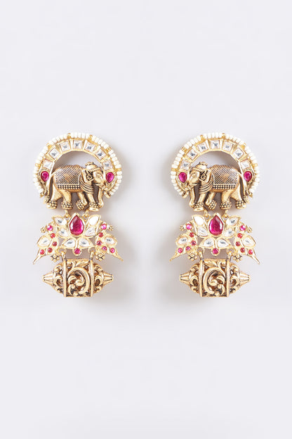 Gold Finish Kundan Polki & Multi-Colored Stone Temple Dangler Earrings