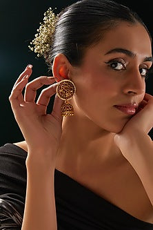 Gold Finish Red Synthetic Stone & Pearl Dangler Earrings