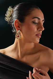 Gold Finish Kundan Polki & Red Carved Stone Dangler Earrings
