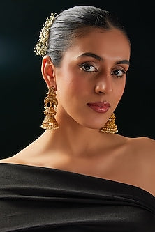 Gold Finish Kundan Polki & White Stone Jhumka Earrings