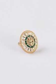 Gold Finish Kundan Polki & Green Stone Temple Ring
