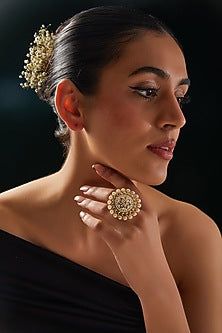 Gold Finish Kundan Polki & White Stone Enamelled Ring