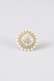 Gold Finish Kundan Polki & White Stone Enamelled Ring