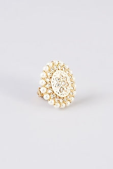 Gold Finish Kundan Polki & White Stone Enamelled Ring