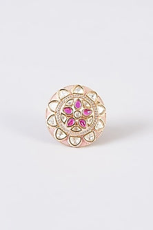 Gold Finish Kundan Polki & Red Synthetic Stone Enamelled Ring