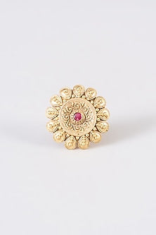 Gold Finish Red Synthetic Stone Carved Ring