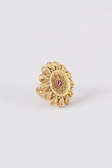Gold Finish Red Synthetic Stone Carved Ring