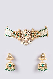 Gold Finish Kundan Polki & Green Stone Choker Necklace Set