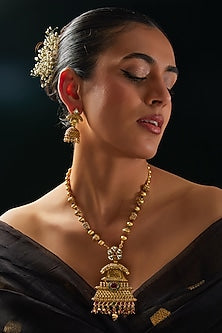 Gold Finish Kundan Polki & Multi-Colored Stone Long Temple Necklace Set