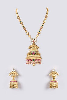 Gold Finish Kundan Polki & Multi-Colored Stone Long Temple Necklace Set