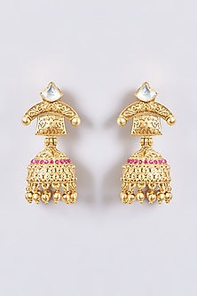 Gold Finish Kundan Polki & Multi-Colored Stone Long Temple Necklace Set