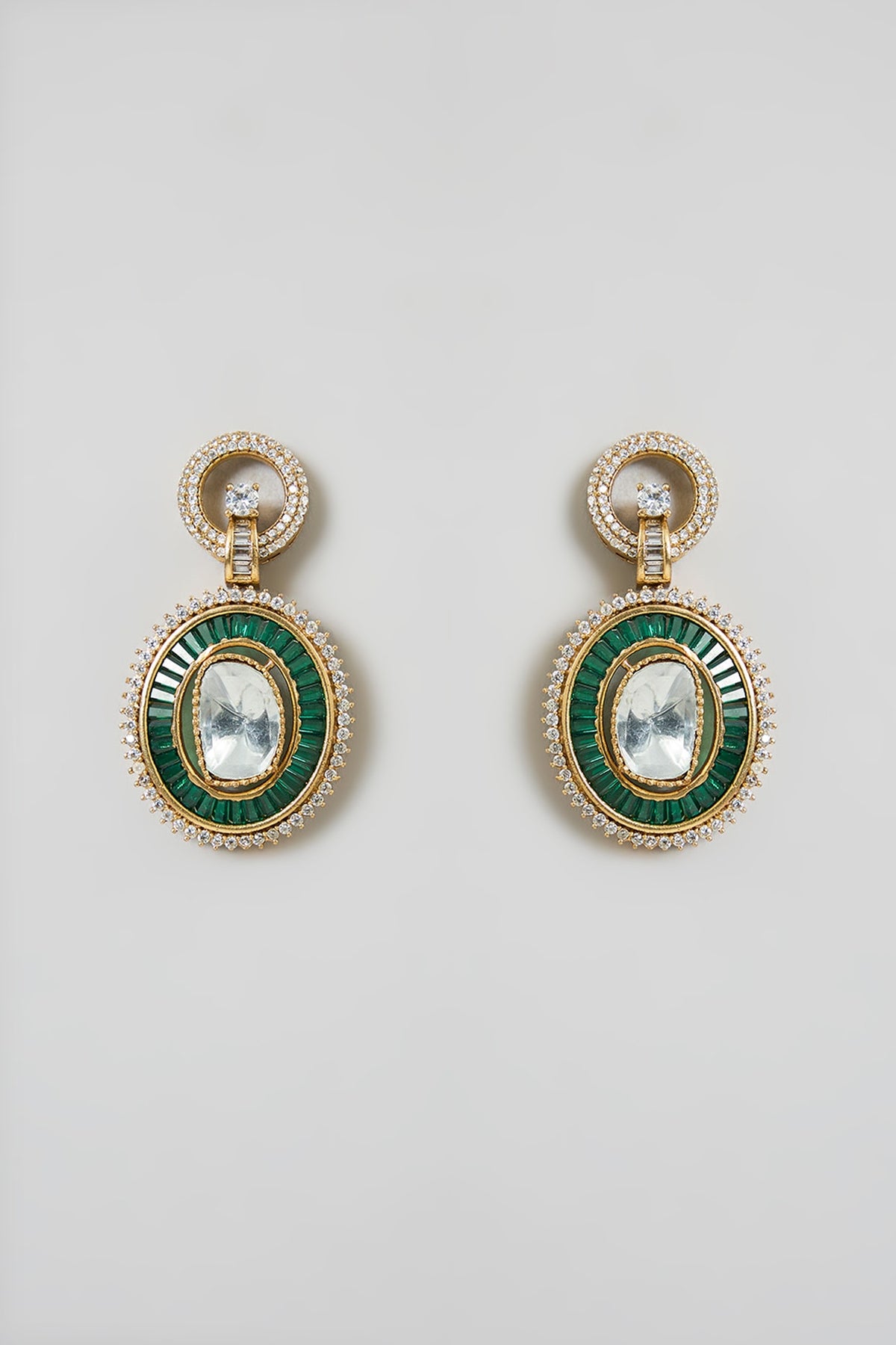 Black Rhodium Finish Green & White Stone Dangler Earrings