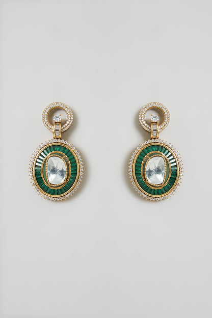 Black Rhodium Finish Green & White Stone Dangler Earrings