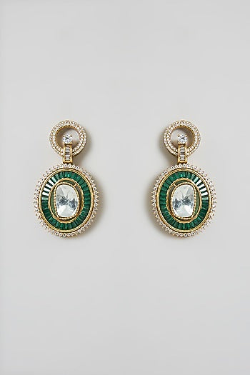 Black Rhodium Finish Green & White Stone Dangler Earrings