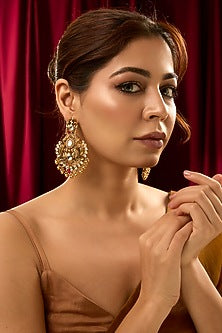 Gold Finish Pear-Shaped Stone & Beaded Floral Dangler Earrings