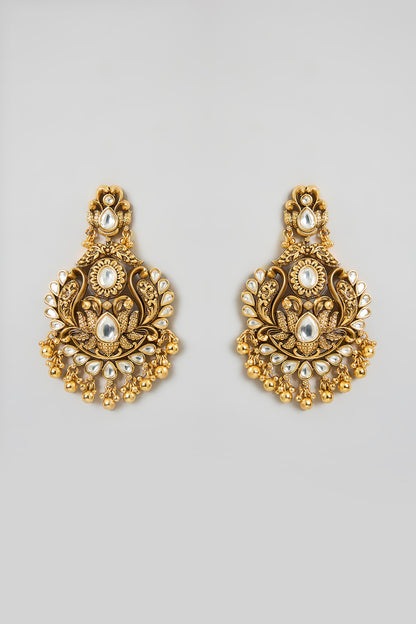Gold Finish Pear-Shaped Stone & Beaded Floral Dangler Earrings