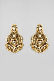 Gold Finish Pear-Shaped Stone & Beaded Floral Dangler Earrings