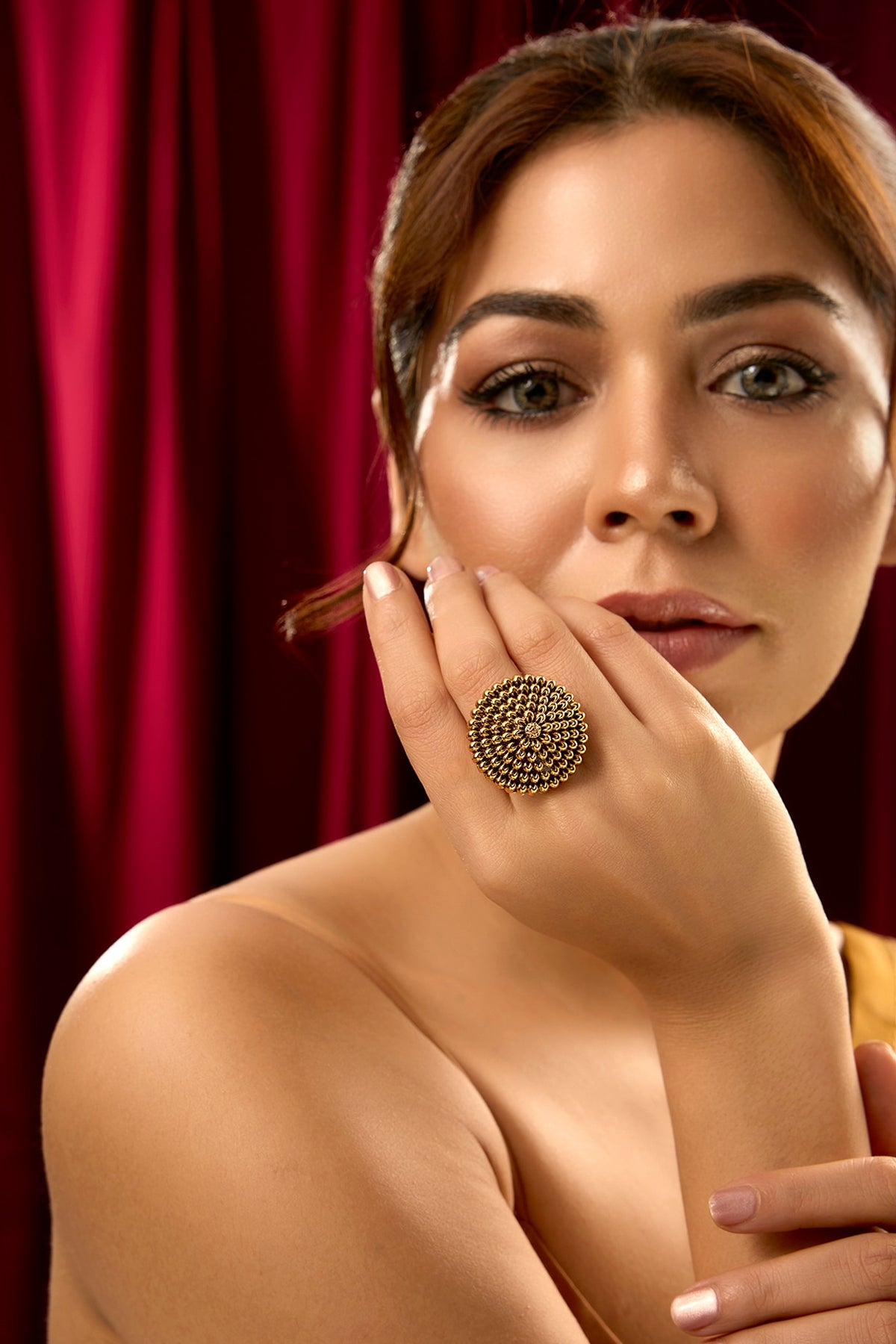 Gold Finish Temple Floral Ring