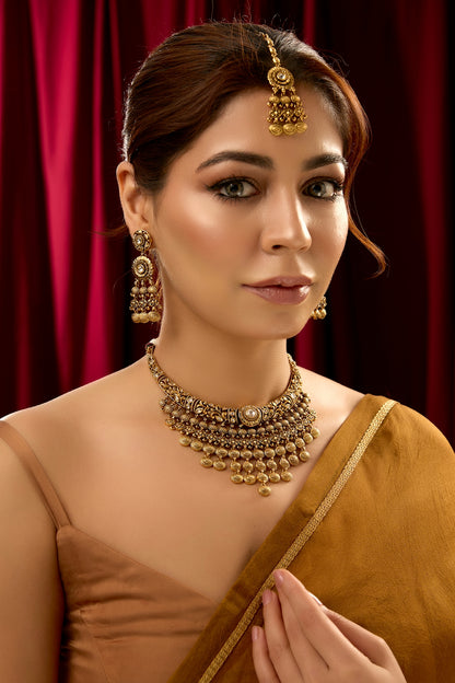 Gold Finish White Stone & Oval Drop Choker Necklace Set
