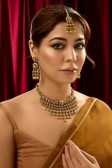Gold Finish White Stone & Oval Drop Choker Necklace Set
