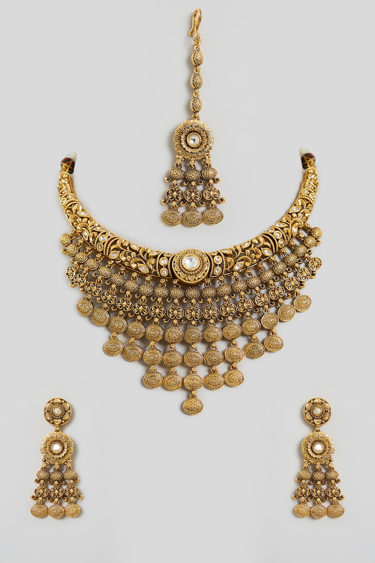 Gold Finish White Stone & Oval Drop Choker Necklace Set