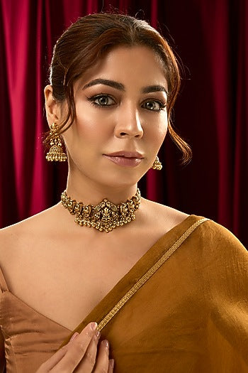 Gold Finish Red Stone Choker Necklace Set