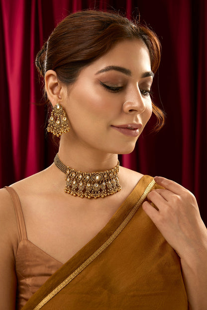 Gold Finish Kundan & Beaded Temple Choker Necklace Set
