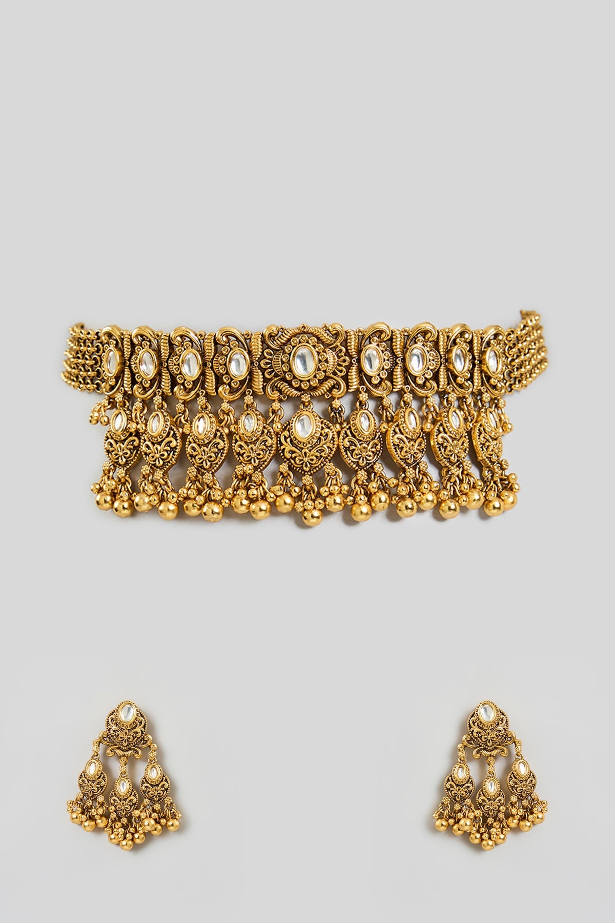 Gold Finish Kundan & Beaded Temple Choker Necklace Set