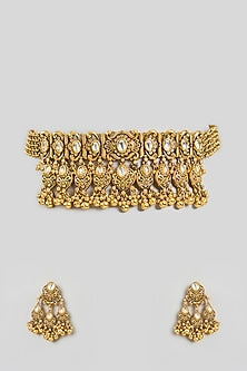 Gold Finish Kundan & Beaded Temple Choker Necklace Set