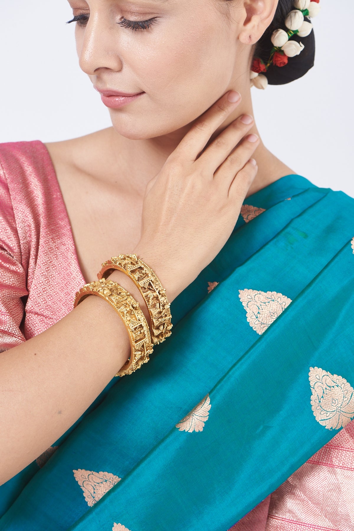 Gold Finish Carved Bangles (Set of 2)