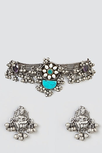 Oxidised Silver Finish Floral Choker Necklace Set