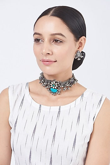 Oxidised Silver Finish Floral Choker Necklace Set