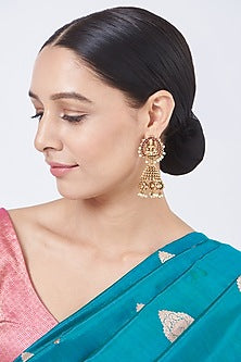 Gold Finish White Stone Jhumka Earrings
