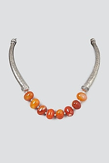 Oxidised Silver Finish Beaded Carved Necklace