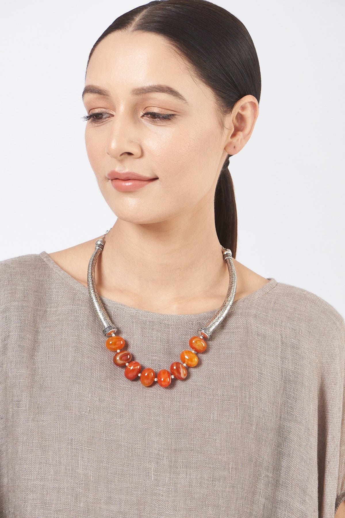 Oxidised Silver Finish Beaded Carved Necklace