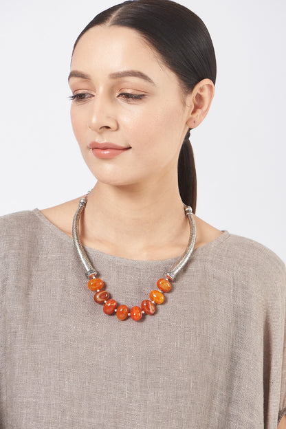 Oxidised Silver Finish Beaded Carved Necklace