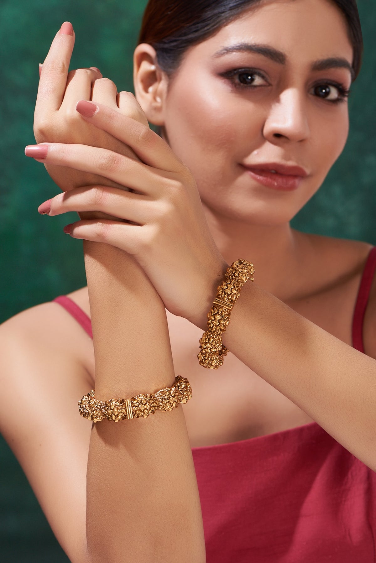 Gold Finish Temple Bangles (Set Of 2)
