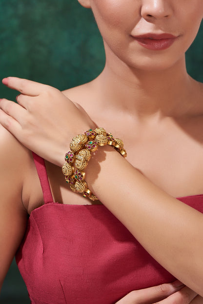 Gold Finish Multi-Colored Stone Bangles (Set Of 2)