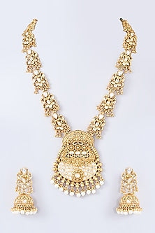 Gold Finish Kundan Polki & White Stone Long Necklace Set