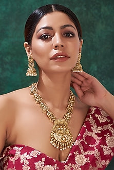 Gold Finish Kundan Polki & White Stone Long Necklace Set