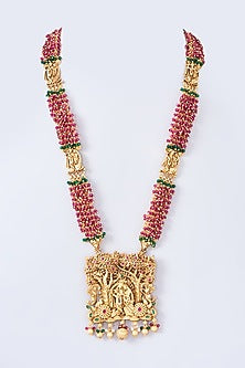 Gold Finish Red & Green Stone Carved Long Necklace Set