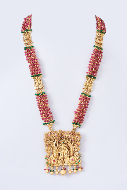 Gold Finish Red & Green Stone Carved Long Necklace Set