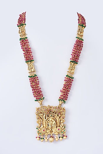 Gold Finish Red & Green Stone Carved Long Necklace Set