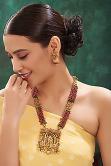 Gold Finish Red & Green Stone Carved Long Necklace Set