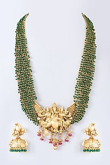 Gold Finish Green Stone Carved Long Necklace Set